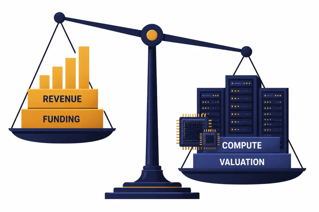Revenue Cost Balance Balance scale with REVENUE and FUNDING bars opposite COMPUTE racks and VALUATION chips.