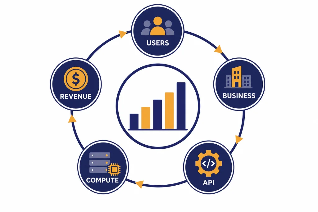 OpenAI Revenue Flywheel Revenue flywheel with nodes labeled USERS, BUSINESS, API, COMPUTE, and REVENUE around a bar chart.