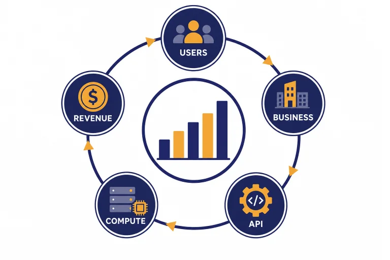 Revenue flywheel with nodes labeled USERS, BUSINESS, API, COMPUTE, and REVENUE around a bar chart.