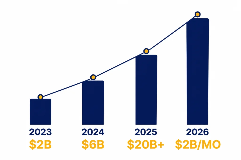Revenue Run Rate Bars Four rising bars labeled 2023 $2B, 2024 $6B, 2025 $20B+, and 2026 $2B/MO.