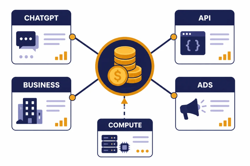 OpenAI Revenue Sources Revenue map with product cards labeled CHATGPT, API, BUSINESS, ADS, and COMPUTE feeding a coin stack.