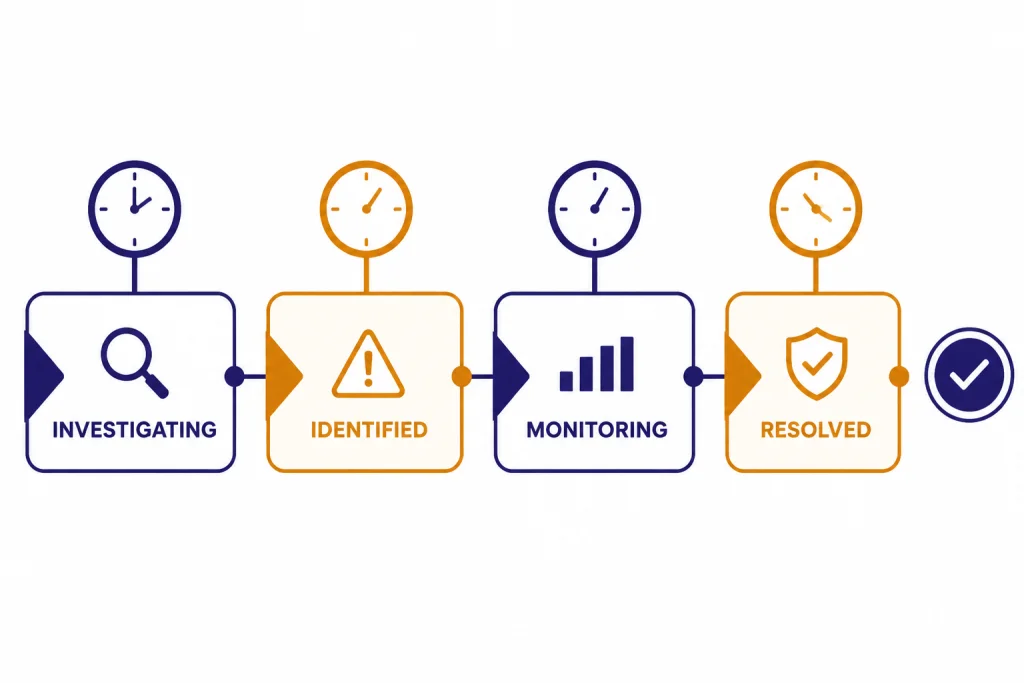Incident Update Timeline Horizontal incident timeline with cards labeled INVESTIGATING, IDENTIFIED, MONITORING, and RESOLVED