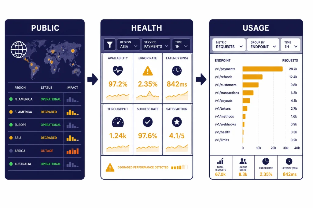 Public vs Internal Checks Three side-by-side diagnostic panels labeled PUBLIC, HEALTH, and USAGE with arrows moving left to right