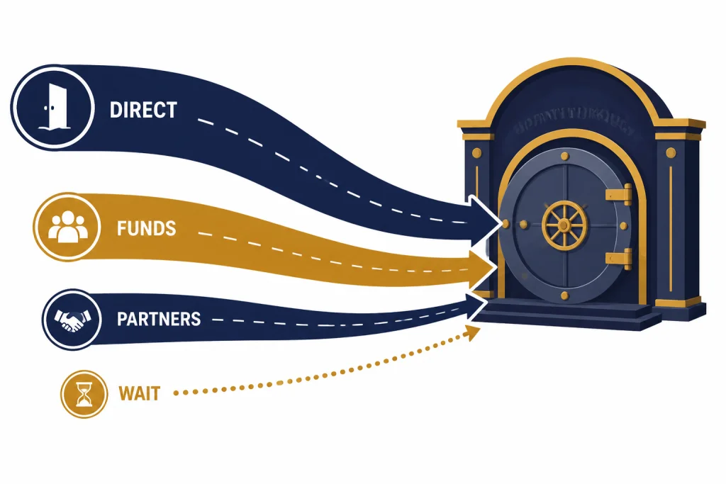 Four investment lanes labeled DIRECT, FUNDS, PARTNERS, and WAIT leading to a vault.