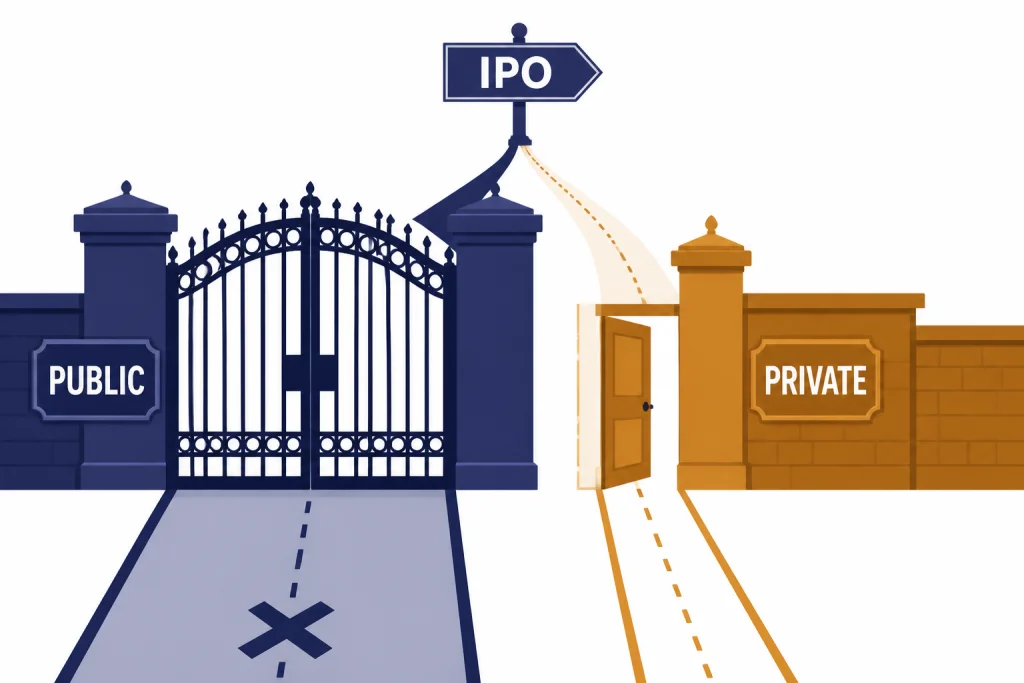 Closed exchange gate and private door leading to labels PUBLIC, PRIVATE, and IPO.