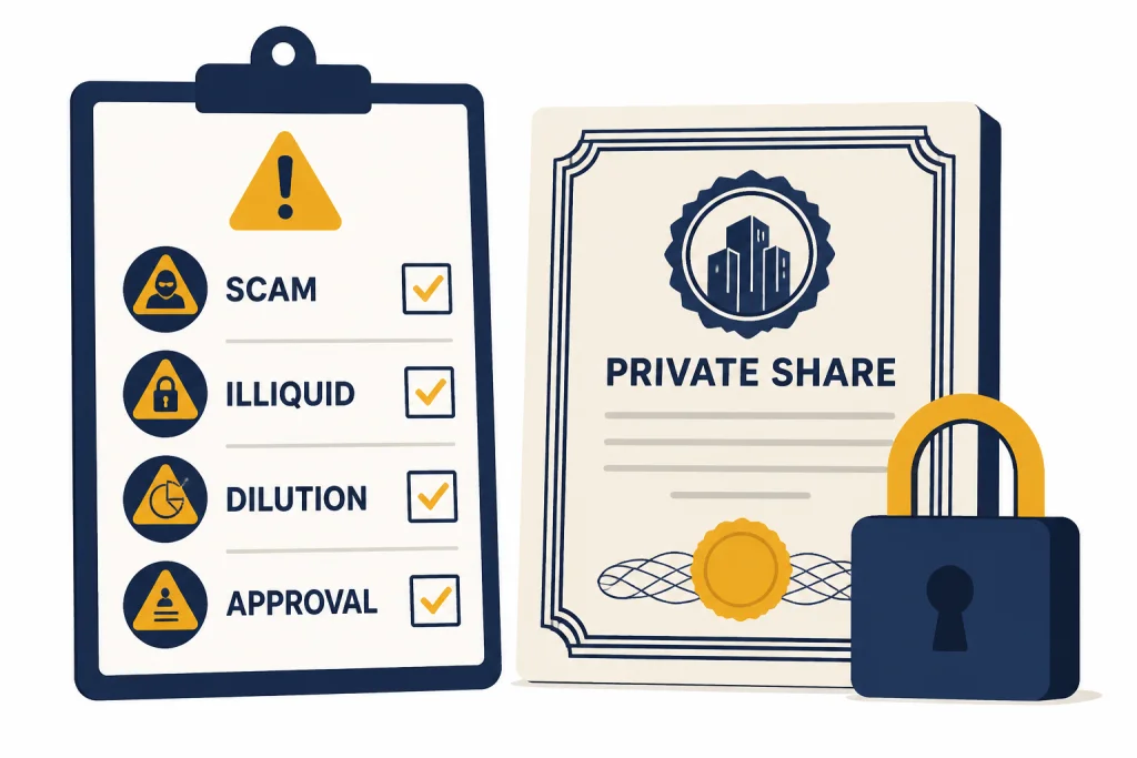 Risk checklist beside a locked share certificate labeled SCAM, ILLIQUID, DILUTION, and APPROVAL.
