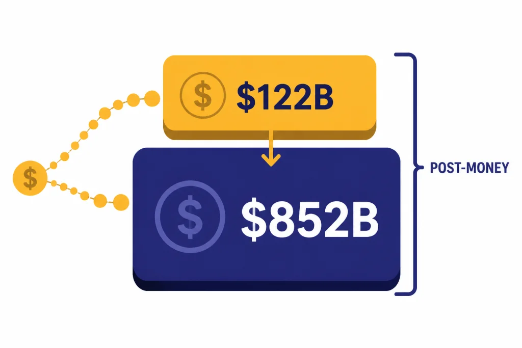 Two financing cards labeled $122B and $852B with a bracket labeled POST-MONEY.