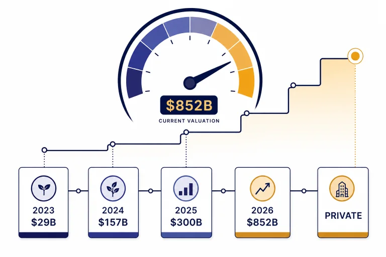 Valuation dashboard with cards labeled 2023 $29B, 2024 $157B, 2025 $300B, 2026 $852B, and PRIVATE.