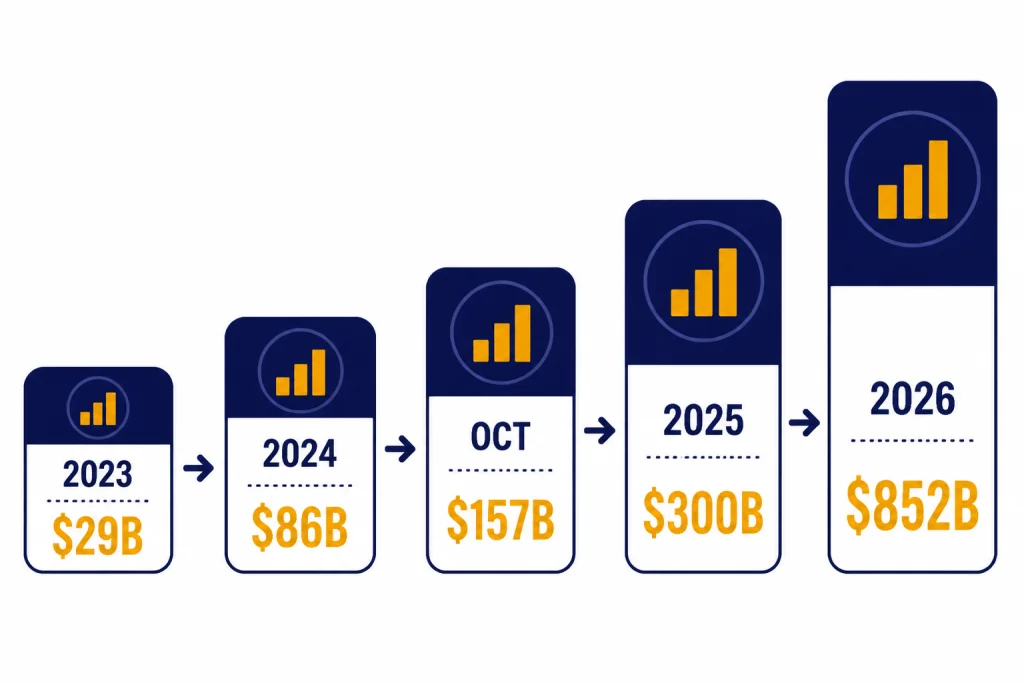 OpenAI Valuation Timeline Timeline cards labeled 2023 $29B, 2024 $86B, OCT $157B, 2025 $300B, and 2026 $852B.