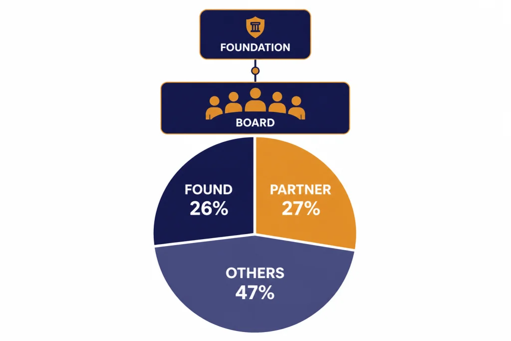 Cap table pie chart labeled FOUND 26%, PARTNER 27%, OTHERS 47%, with FOUNDATION control box above.