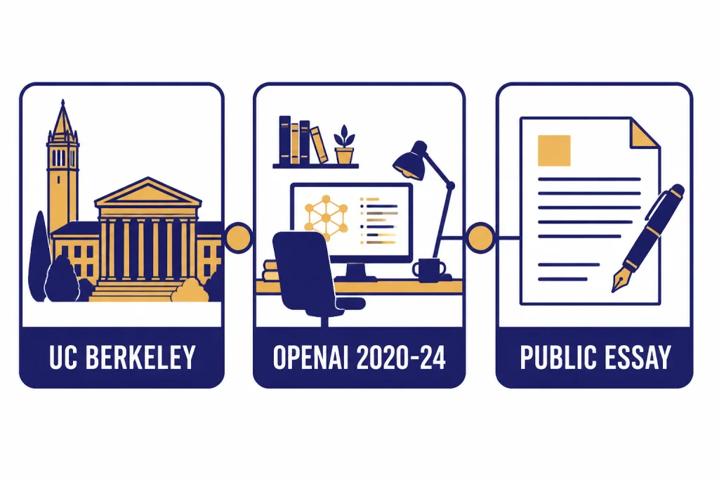 Balaji Biographical Timeline Three timeline cards labeled UC BERKELEY, OPENAI 2020-24, and PUBLIC ESSAY.