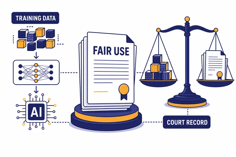 Document stack labeled FAIR USE beside training data blocks and a legal scale labeled COURT RECORD.