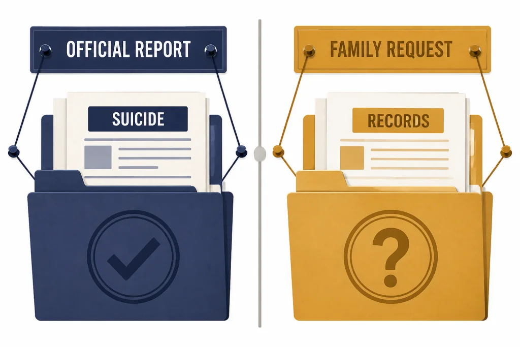 Split evidence board labeled OFFICIAL REPORT, SUICIDE, FAMILY REQUEST, and RECORDS.