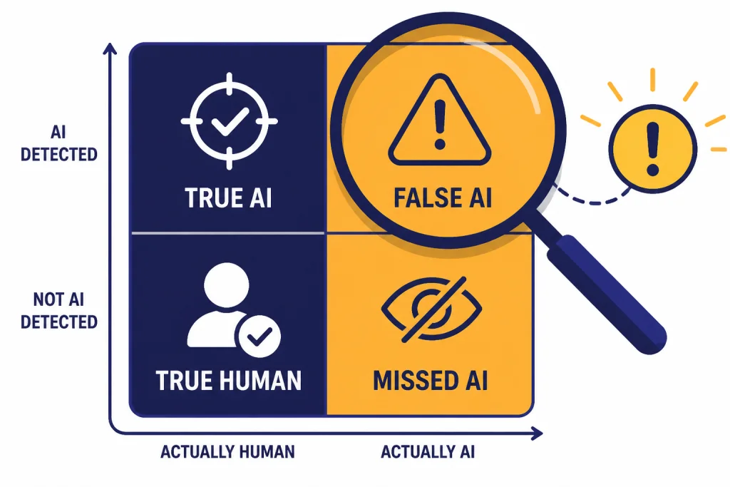 Detector Accuracy Matrix Accuracy matrix labeled TRUE AI, FALSE AI, TRUE HUMAN, and MISSED AI with a magnifier on FALSE AI.
