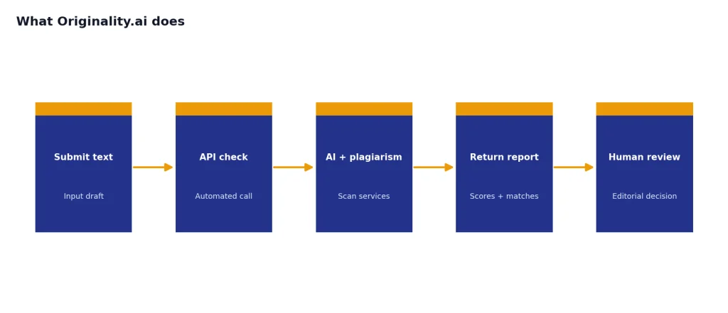 Process flow: Submit text, API check, AI + plagiarism, Return report, Human review.