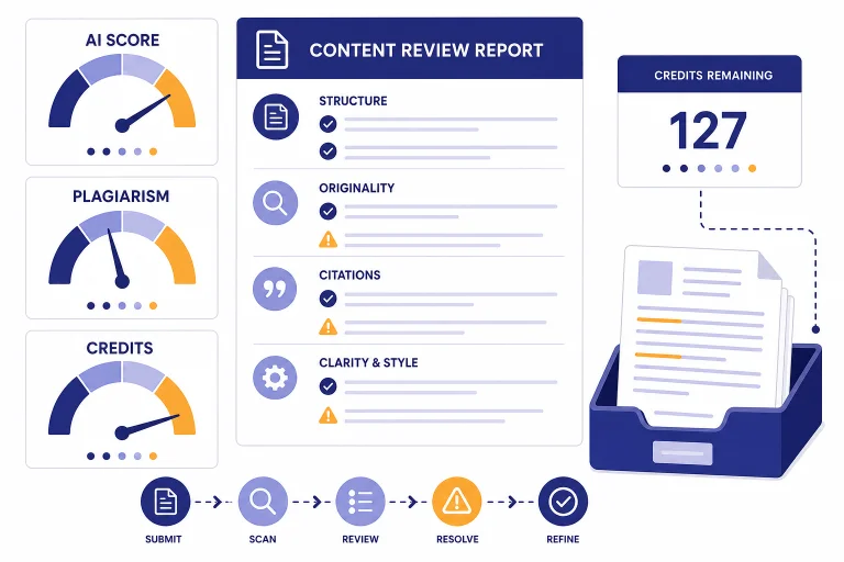 Content review dashboard with meters labeled AI SCORE, PLAGIARISM, and CREDITS beside a report card.