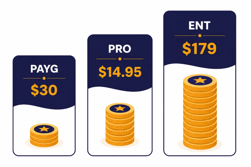 Originality.ai Pricing Cards Three pricing cards labeled PAYG $30, PRO $14.95, and ENT $179 with increasing credit token stacks.