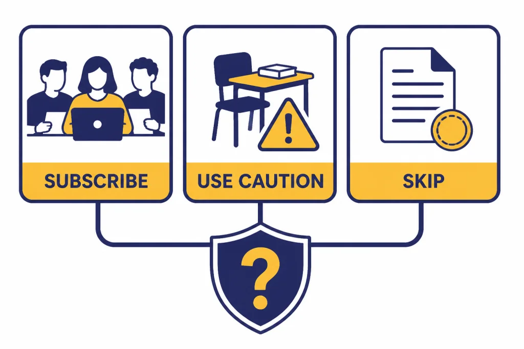 Three decision cards labeled SUBSCRIBE, USE CAUTION, and SKIP connected to a question mark shield.