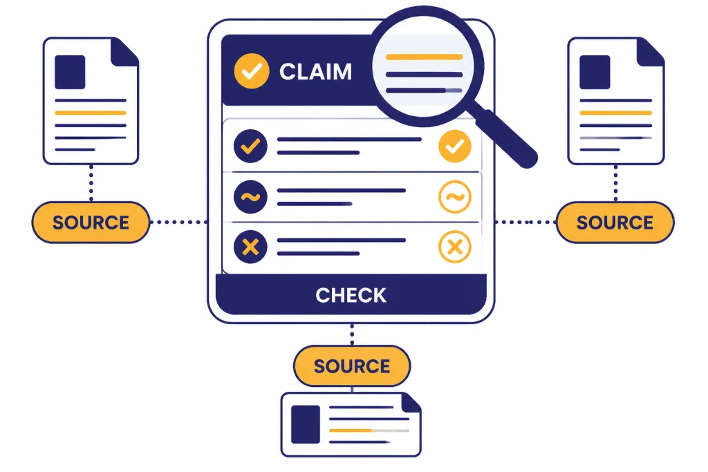 Citation Verification Flow Verification diagram with labels CLAIM, SOURCE, and CHECK connecting an answer panel to three source documents.