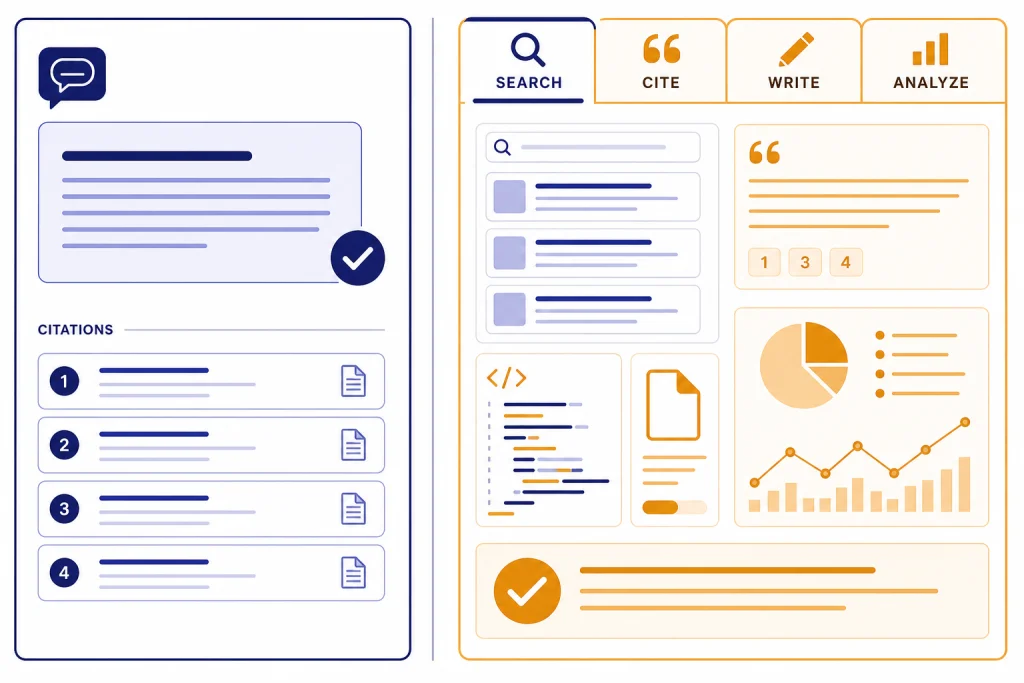 Search Assistant Comparison Two-column dashboard labeled SEARCH, CITE, WRITE, and ANALYZE with citation chips, files, code, and checkmark.