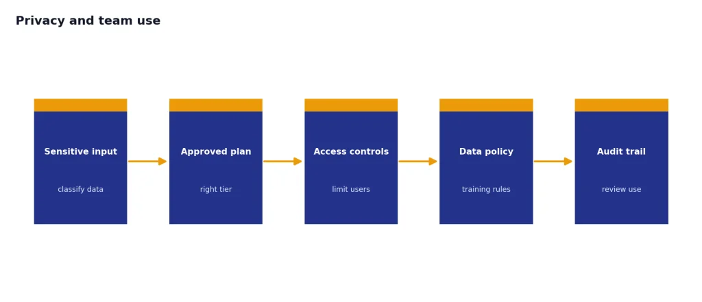 Process flow with stages for sensitive input, approved plan, access controls, data policy, and audit trail.