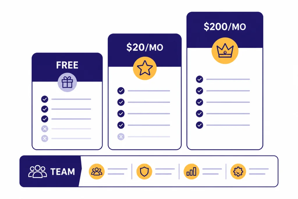 Pricing chart with tier cards labeled FREE, $20/MO, $200/MO, and TEAM increasing in height.