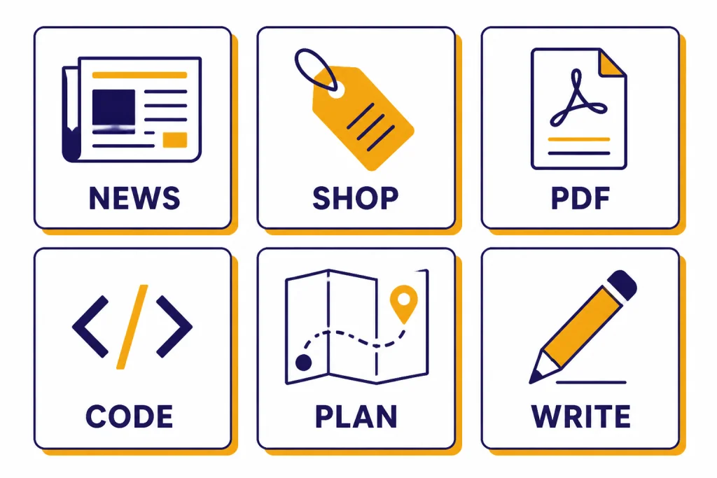 Six test cards labeled NEWS, SHOP, PDF, CODE, PLAN, and WRITE with matching small icons.