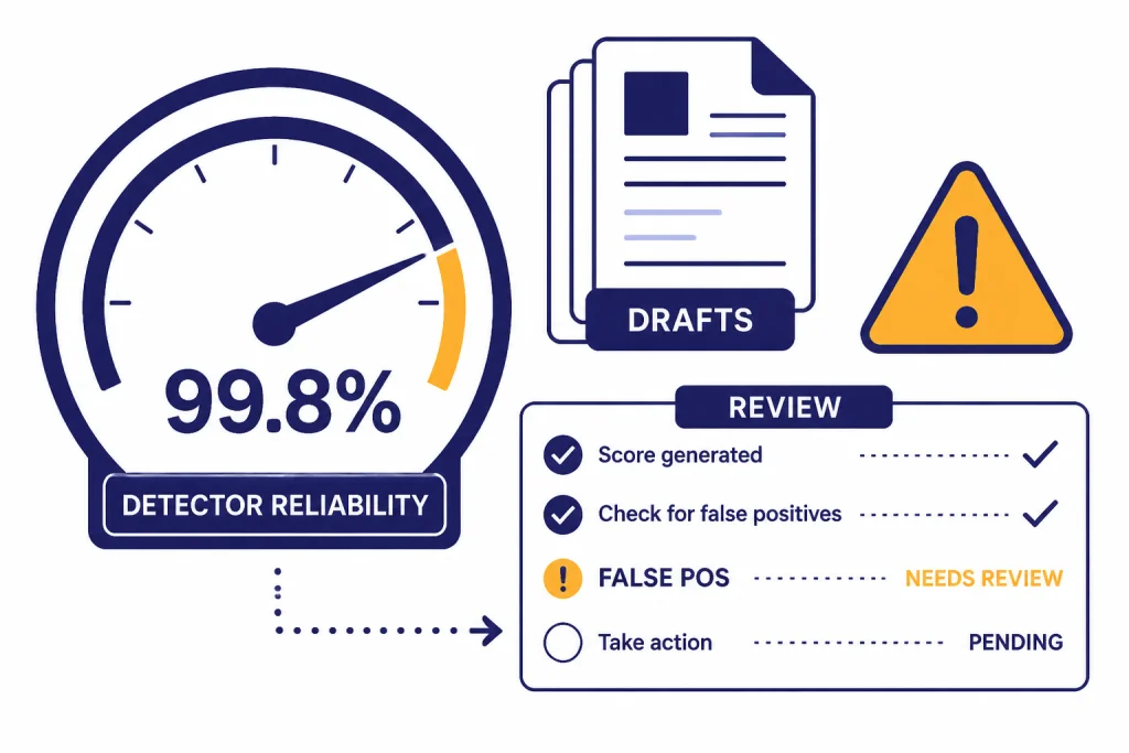 Detector panel with gauge labeled 99.8%, warning FALSE POS, document stack DRAFTS, and REVIEW checklist.