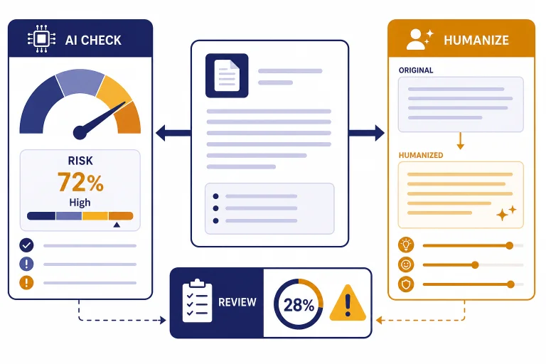 Review dashboard with document card, panels labeled AI CHECK, HUMANIZE, RISK, and REVIEW.