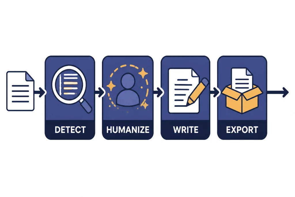 Phrasly Tool Workflow Four connected tool tiles labeled DETECT, HUMANIZE, WRITE, and EXPORT with a document flow.