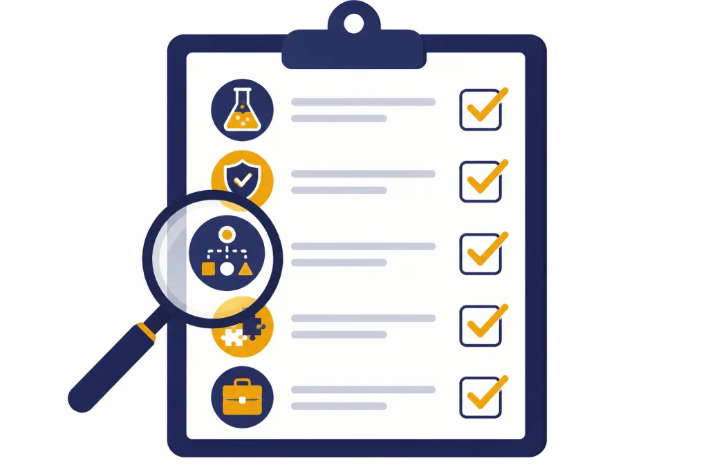 Clipboard checklist with five checked rows, magnifying glass, and icons for testing and safety.