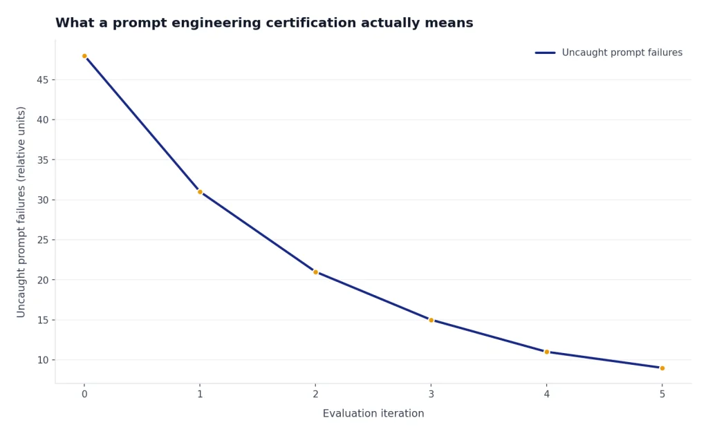Line chart labeled Evaluation iteration and Uncaught prompt failures, falling from 48 to 9 over 0 to 5.