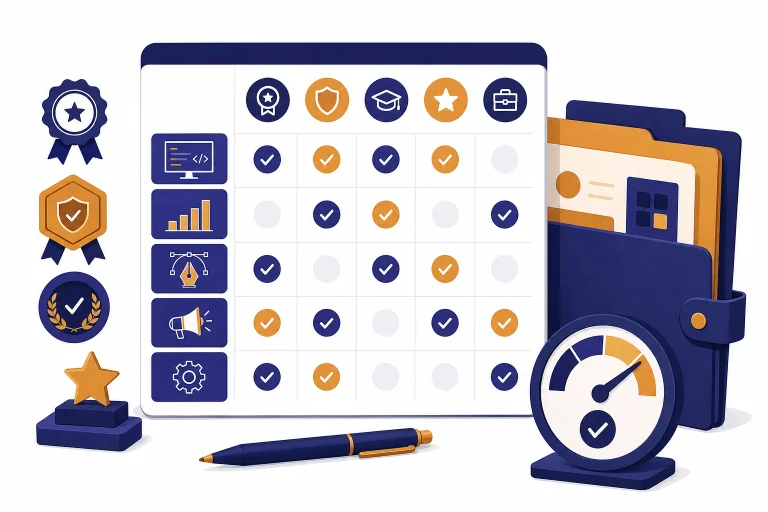 Decision matrix with course tiles, badge icons, a portfolio folder, and a checkmark gauge.