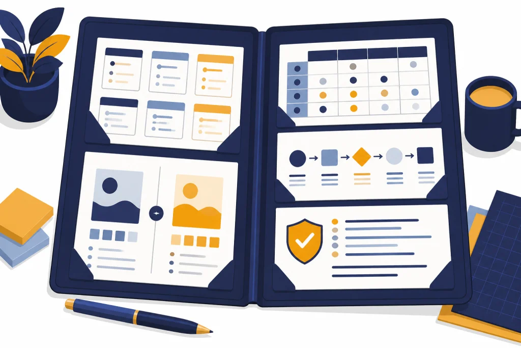 Open portfolio folder with five artifact sheets for prompts, evaluation, workflow, and guardrails.