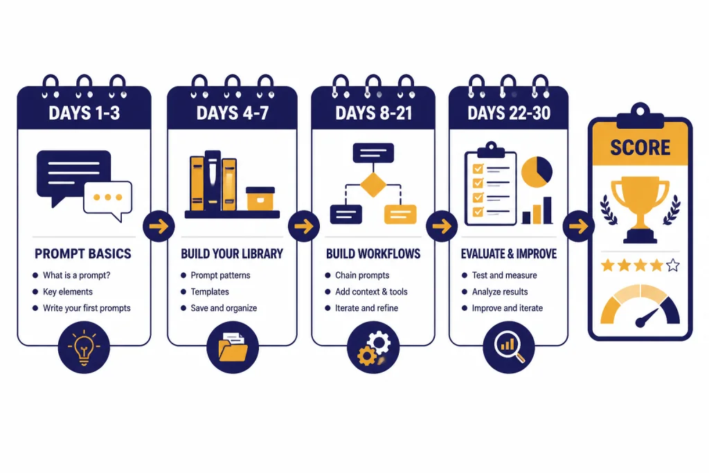 Thirty-day roadmap with blocks labeled DAYS 1-3, DAYS 4-7, DAYS 8-21, DAYS 22-30, ending at SCORE.