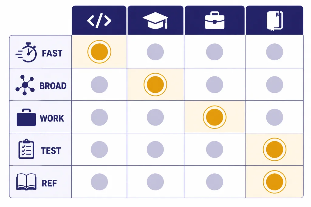 Course Comparison Matrix Comparison matrix with highlighted rows labeled FAST, BROAD, WORK, TEST, and REF for course selection.