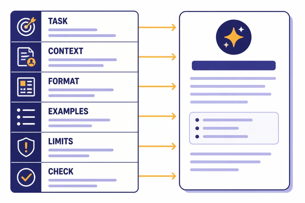 Prompt Anatomy Diagram Prompt anatomy panel with rows labeled TASK, CONTEXT, FORMAT, EXAMPLES, LIMITS, and CHECK feeding an output card.