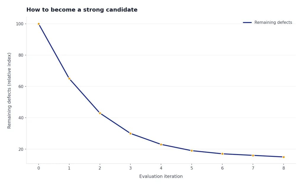 Line labeled Remaining defects falls from 100 to 15 over evaluation iterations 0 to 8, flattening after 5.