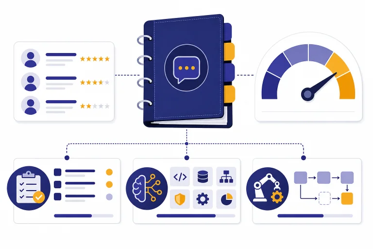 Hiring dashboard with prompt library binder, salary gauge, and three connected workflow cards.