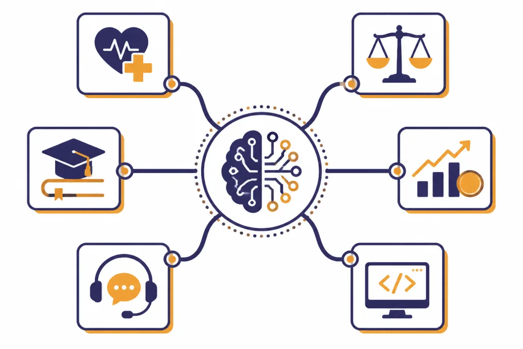 AI workflow hub branching to six industry tiles with simple icons.