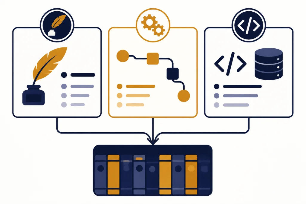 Prompt Role Types Three role cards connected to one prompt library: writing, workflow gears, and code with database.
