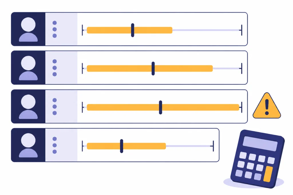 Four stacked salary cards with uneven bars, warning triangle, and calculator icon.