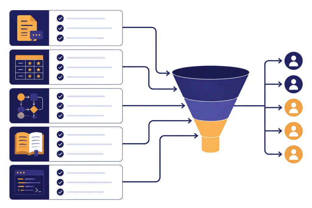 Screening board with five checklist tiles feeding into a hiring funnel.