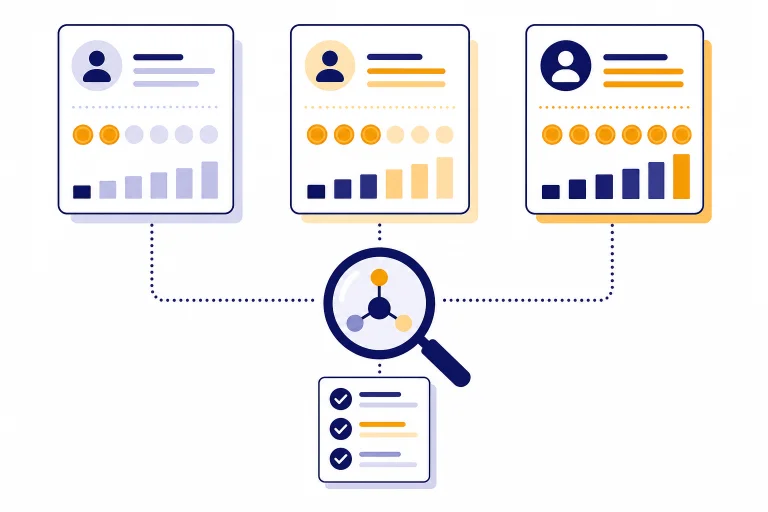 Three salary benchmark cards connected to a magnifying glass and evidence checklist.