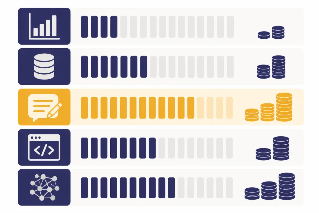 Five-row pay comparison grid with a highlighted row between data chart and code rows.