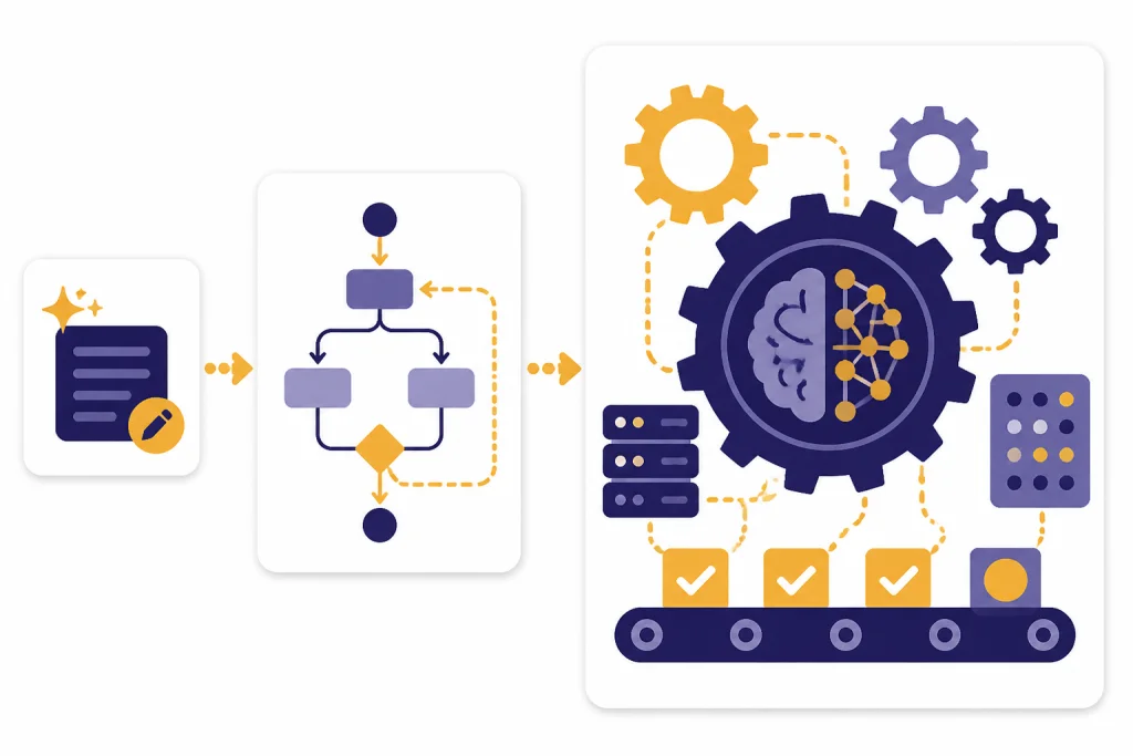 Split scale with small content card, medium workflow card, and large AI system card.