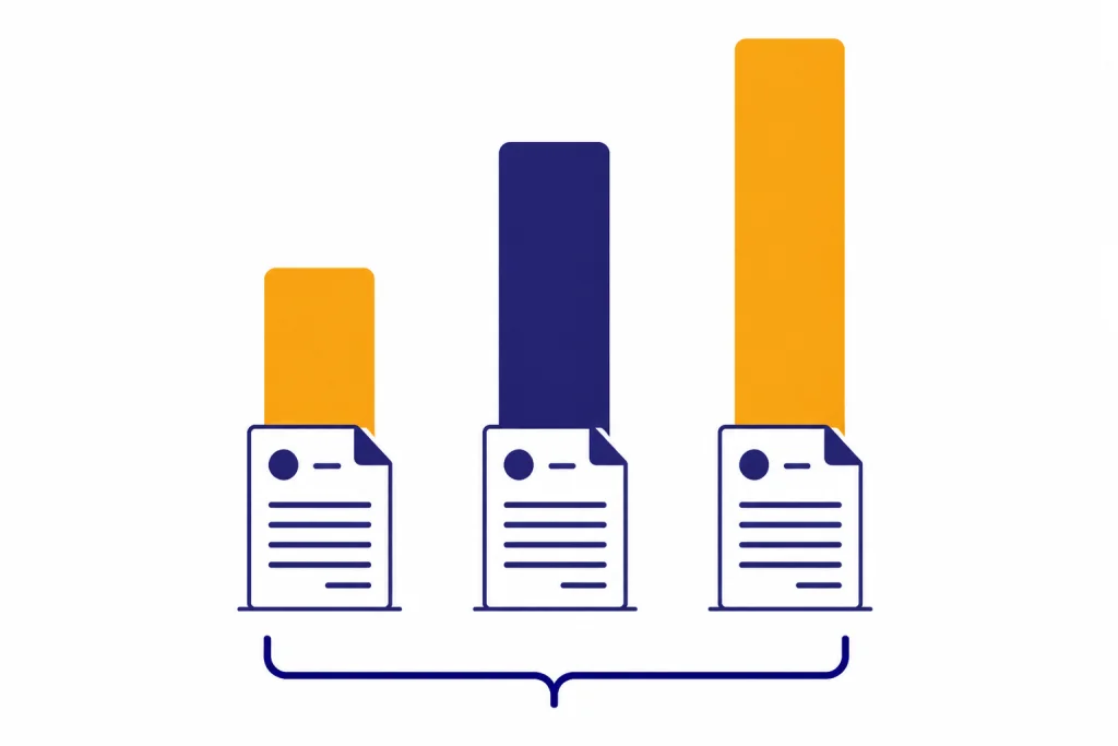 Three Salary Benchmarks Three unequal compensation bars anchored to source document icons with a range bracket.