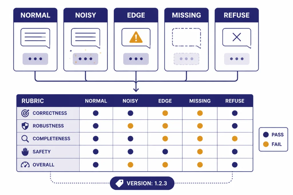 Prompt testing dashboard with cards labeled NORMAL, NOISY, EDGE, MISSING, REFUSE feeding into a rubric table.