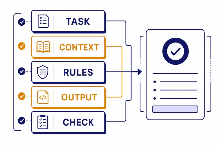 Five stacked prompt cards labeled TASK, CONTEXT, RULES, OUTPUT, CHECK feeding into an answer panel.