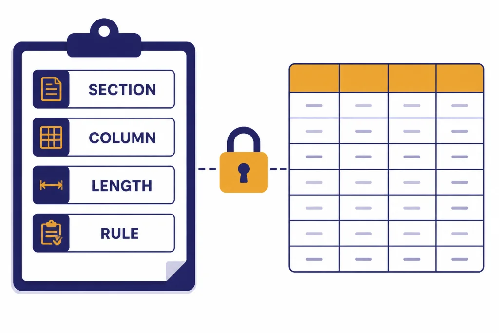 Clipboard fields labeled SECTION, COLUMN, LENGTH, RULE connected by a lock to a neat table output.